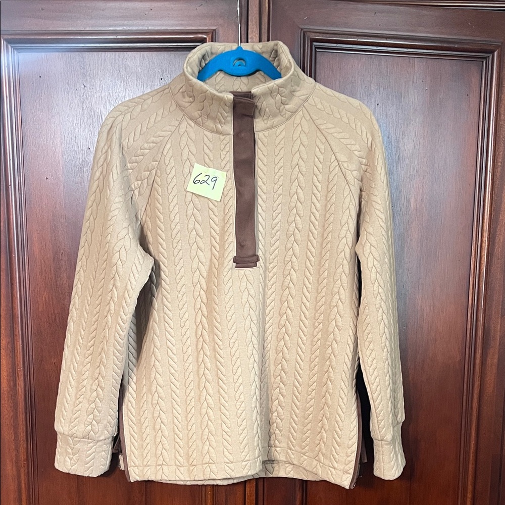 Lysse Beige Cable Knit Sweater with Brown Trim Size Small
